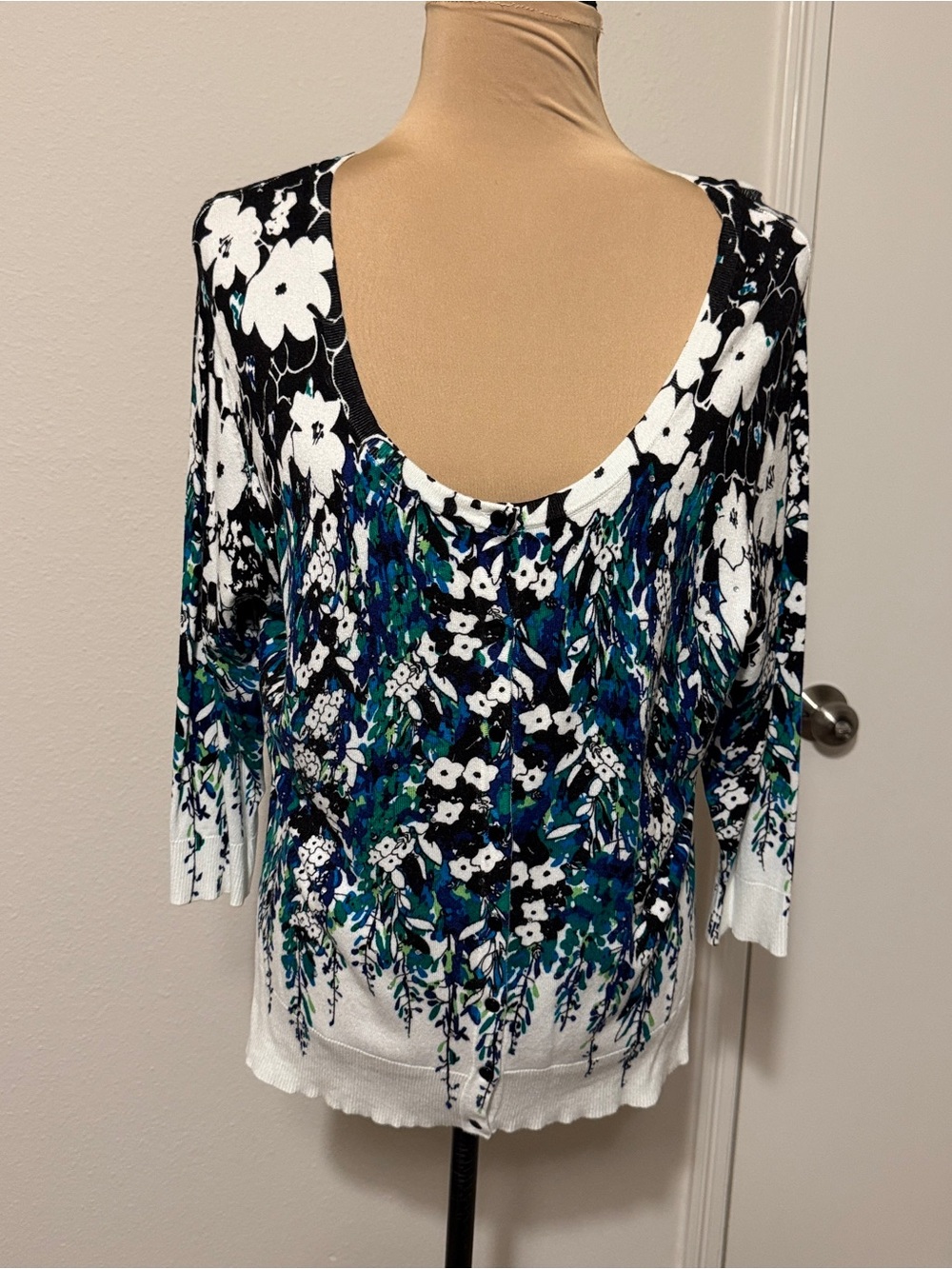 Floral Scoop Back Knit Cardigan in Black & White with Blue and Green Accents